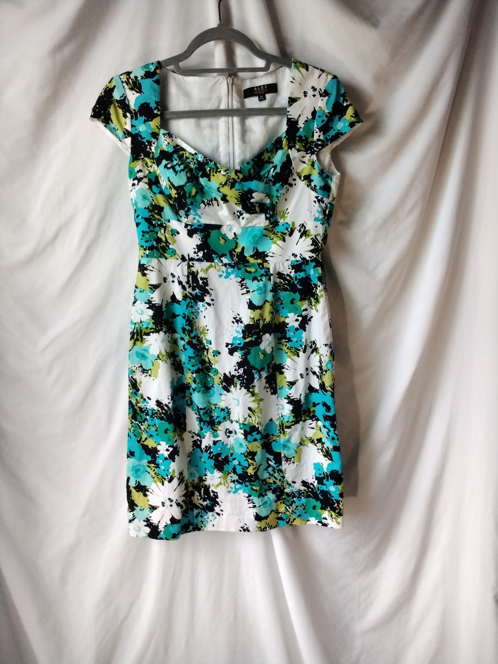 Alex Marie Floral Cap-Sleeve Dress in Teal & White